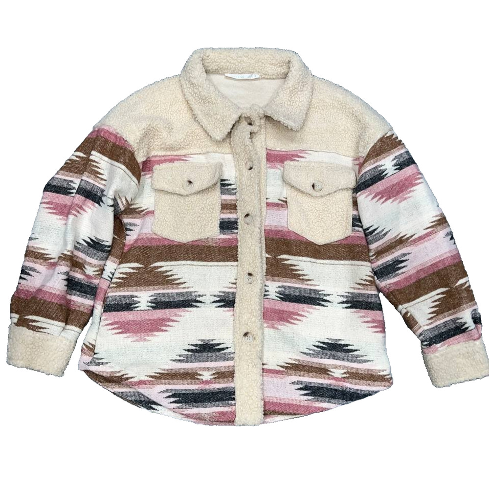 Altar'd State Beige Pink Aztec Y2k preppy Print Teddy Shacket S A005073 - Picture 2 of 12